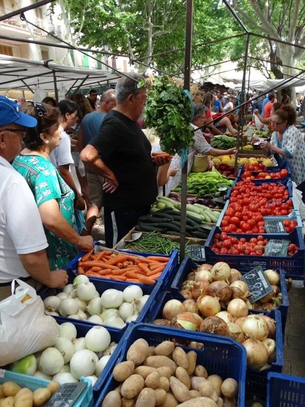 Frisches Gemüse und Obst auf dem Wochenmarkt in Alcúdia, Mallorca